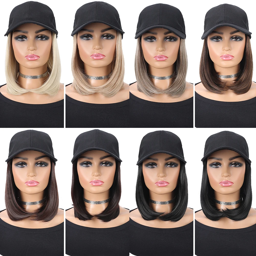 Baseball Cap with Synthetic Hair Extensions Heat Resistant 10 Inch Adjustable Short Straight Bob Wigs in Hat for Women Daily Use