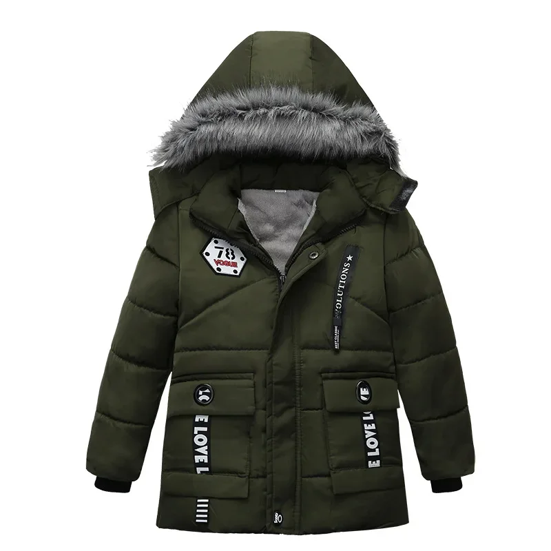 2024 New Winter Keep Warm Boys Jacket Long Style Fur Collar Fleece Thick Hooded Outerwear Coat For Kids Children Windbreaker