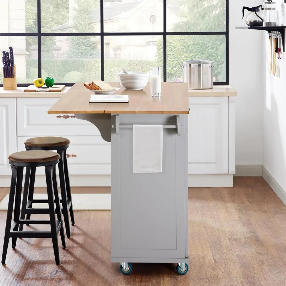 Kitchen island cart on wheels, rolling kitchen trolley with fallen leaves and rubberwood countertops, towels and spice rack