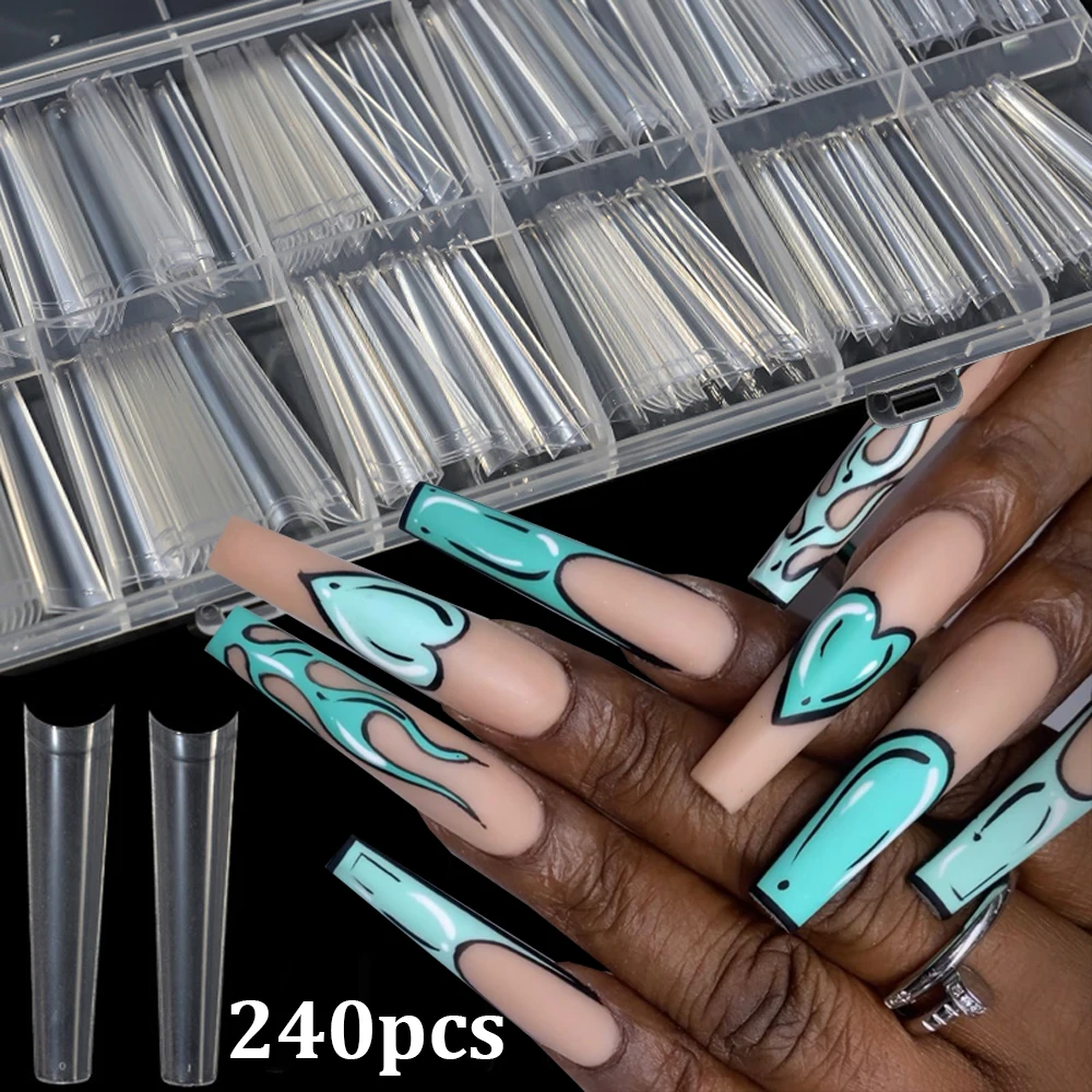 

12grids Extra Long Square/Coffin Transparent Press On Nails Half Cover Extended Clear Fake Nails Tips Nail Tips Manicure Tools