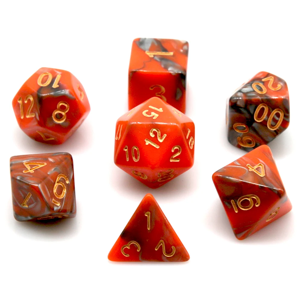 Fire & Ash Swirl Dice Set, 7Pcs Orange Gray Marbled DND Dice with Gold Ink for Fantasy TTRPG & Role Playing view 4