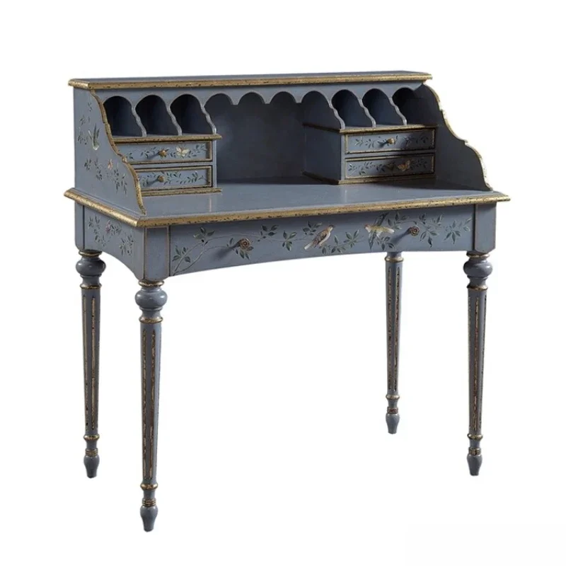 Solid wood birch painting with drawers green blue writing desk