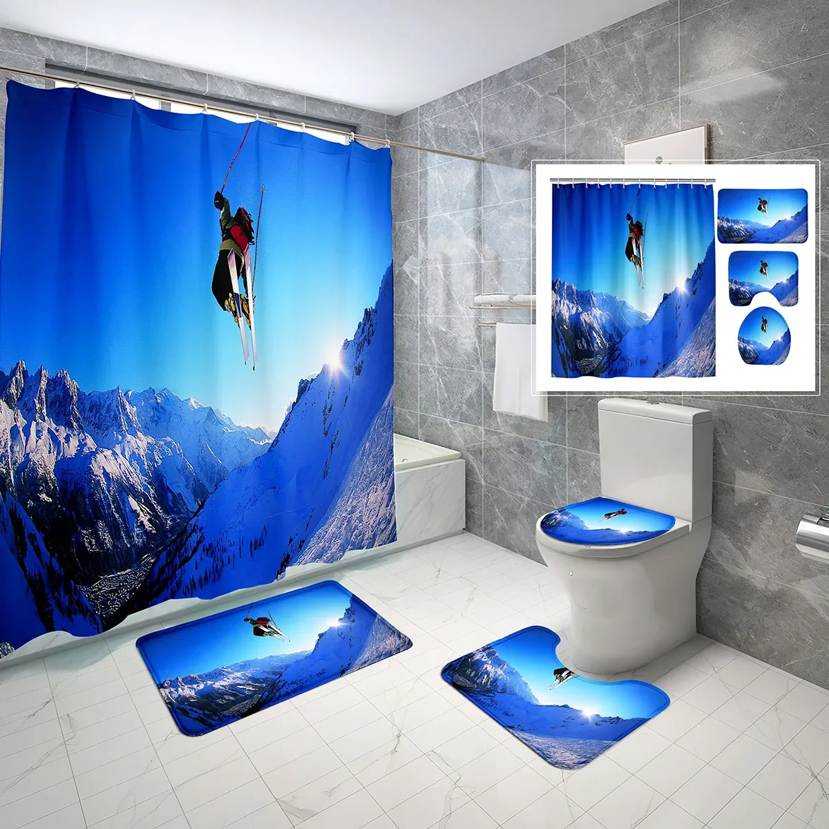 

Набор для ванной комнаты из 4 предметов: занавеска для душа с изображением горных лыж и снега, нескользящий коврик для ванной, накладка на крышку унитаза