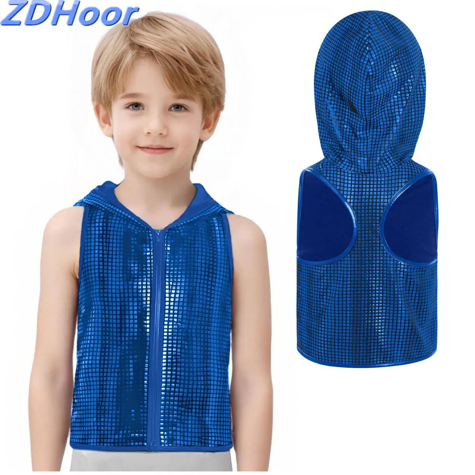 

Kids Boys Girls Plaid Dance Vest Metallic Hooded Racer-Back Tops Sleeveless Zipper Waistcoat Dance Performance Party Costume