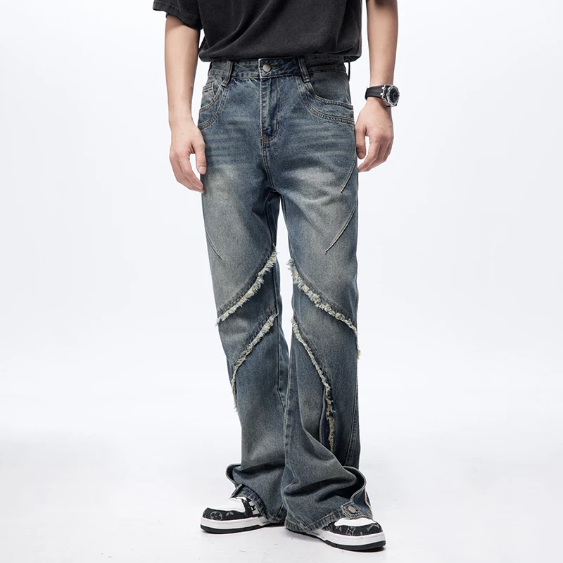 

2024High Street Heavy Stitching Edging Slightly Flared Jeans Men and Women Same Style American Street Loose-Fitting Wide-Leg Tro