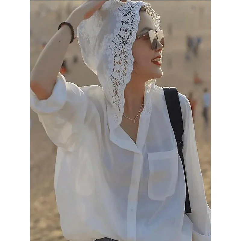 

White Lace Hooded Sun Protection Shirt Women's Retro Hollow Out Loose Long Sleeve Blouse Unique Trendy Top Casual Cover Up