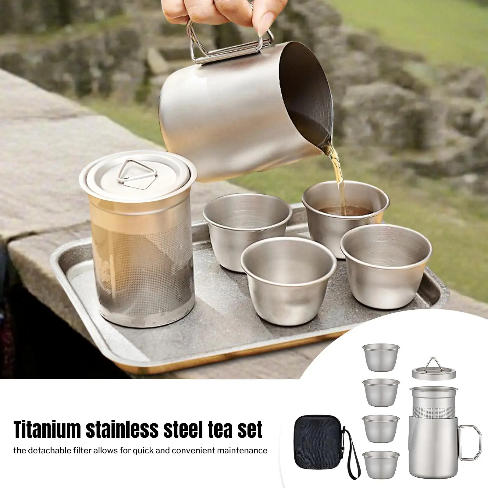 

1 set Titanium Stainless Steel Tea Cups With Teapot And Infuser Portable 50ml Cup For Outdoor Camping Hiking Travel Picnic