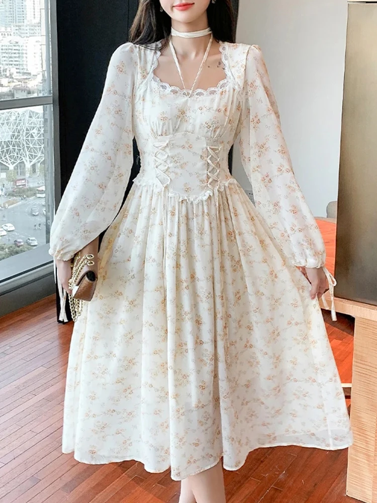 Korean Fashion Sweet Retro Flower Party Full Sleeve Dress Spring Elegant Women Y2K Midi Dress Women's Casual Lace Dresses