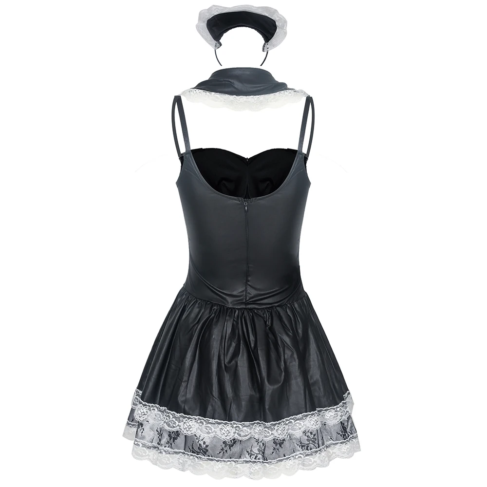 Halloween Sexy French Maid Costume Women Exotic Servant Cosplay Uniform Low-Cut Neckline Mini Maid Dress Fancy Costume