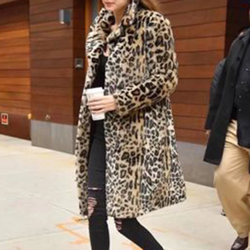 Fluffy Faux Fur Coat Women Winter Long Oversized Leopard Print Warm Soft Jacket Lapel Loose Fashion Cardigan Faux Fur Coat