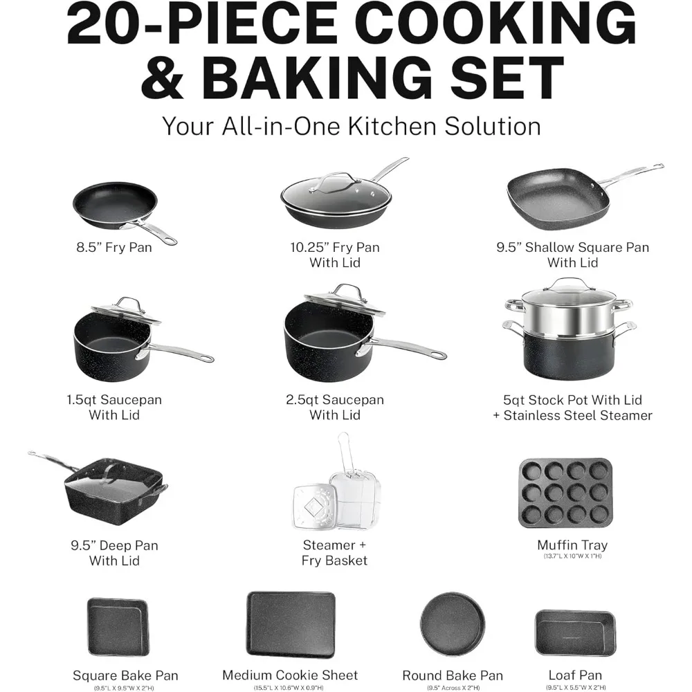 20 Pc Kitchen Pots and Pans Set Non Stick Cookware Set, Kitchen Cookware Sets, Granite Nonstick Cookware Set