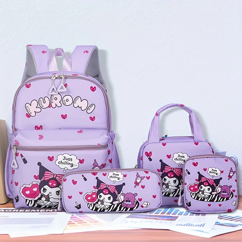 Kuromi 4pcs Backpack Set - Adjustable Straps, Zip Closure, Anime Print Design with Crossbody Bag, Pencil Case & Coin Purse