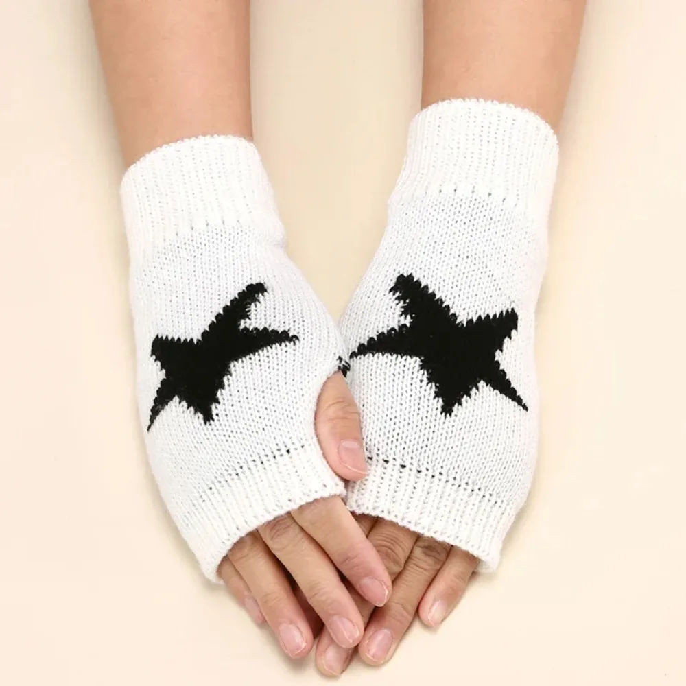 Y2K Fashion Knitted Winter Gloves Korean Women Half Finger Warm Goth Gloves Pentagram Star Fingerless Hand Warmer Mitten