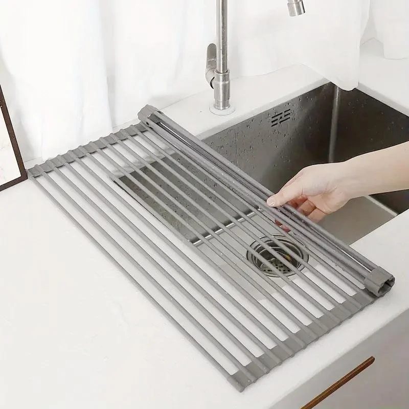 

1pc Multipurpose Roll-Up Dish Drying Rack Foldable Stainless Steel Dish Drainer For And Vegetable Kitchen Organizers And Storage