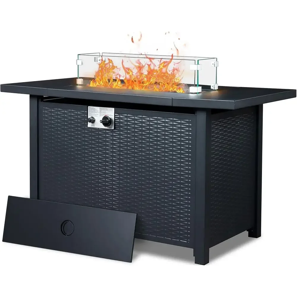 

ire Pit Table, 43" 50,000 RecMetal Propane ire Table with Lid, Lava Rocks, Waterproo Dust Cover and Glass Wind Guard or Garden B