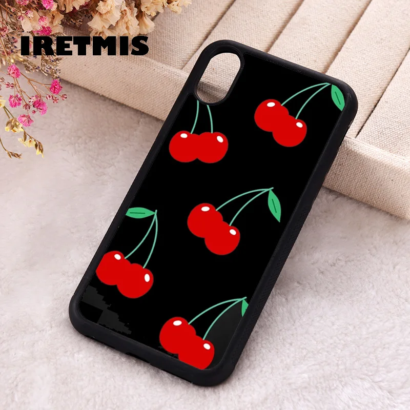 Iretmis Phone Cover Case For iPhone X XS Max XR 11 12 13 PRO MINI 14 15 16 Plus Rubber Silicone Cherry Cherries Pattern