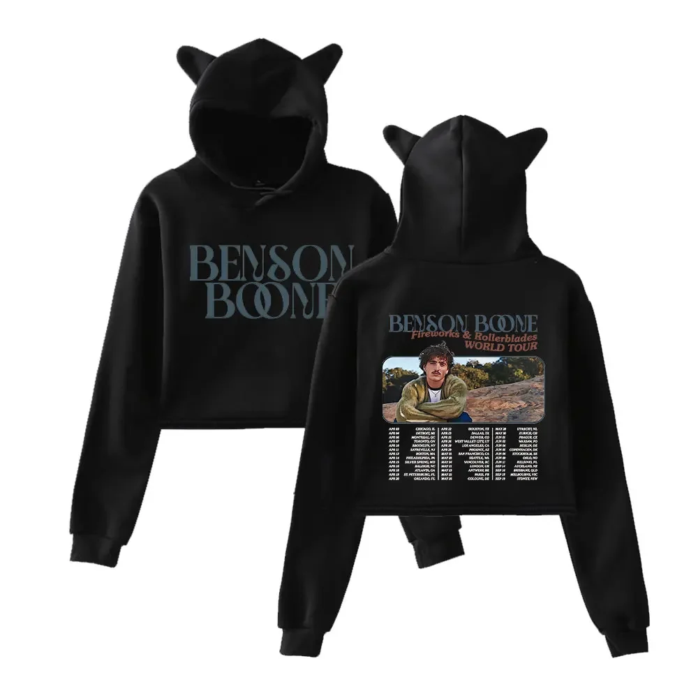 

Benson Boone Fireworks and Rollerblades World Tour Crop Top Hoodie for Girls Kawaii Cat Ears Harajuku Cropped Sweatshirt