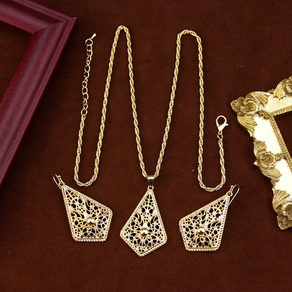 Sunspicems Chic Gold Color Arabic Women Earring Necklace Set Hollow Diamond Shape Pendant Middle Eastern Ethnic Design Jewelry
