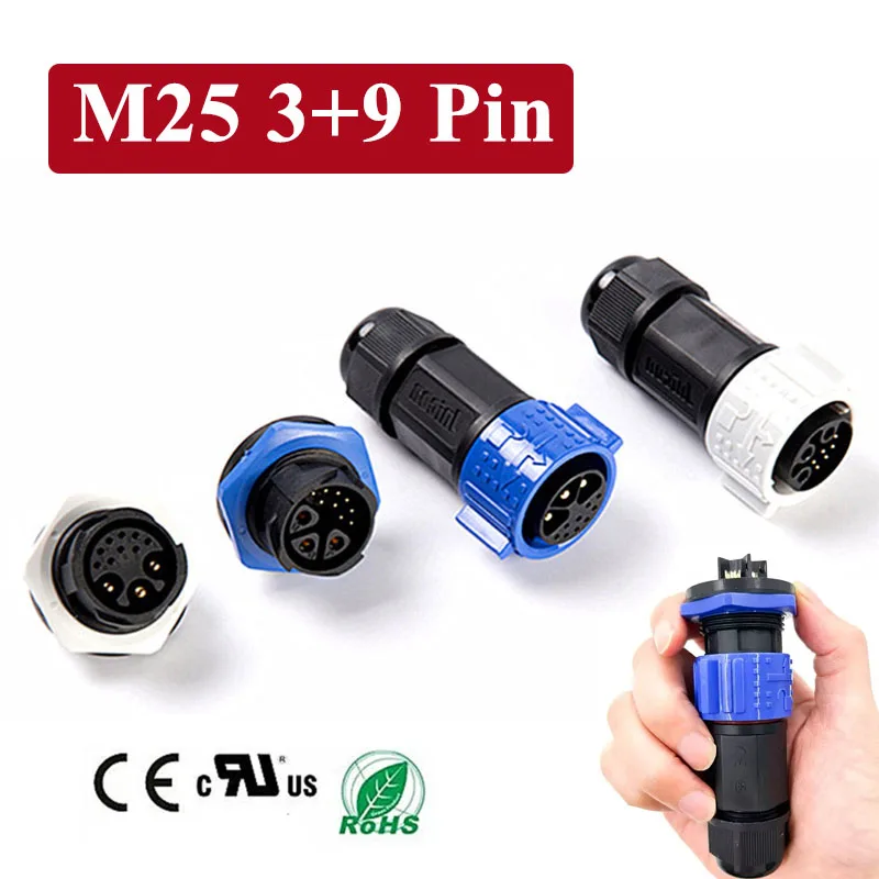 20A M25 3+9 Pin Self-locking Assembled Connector Waterproof Aviation Plug Joint Power Plug 12Pin Male Female Socket 300V IP67