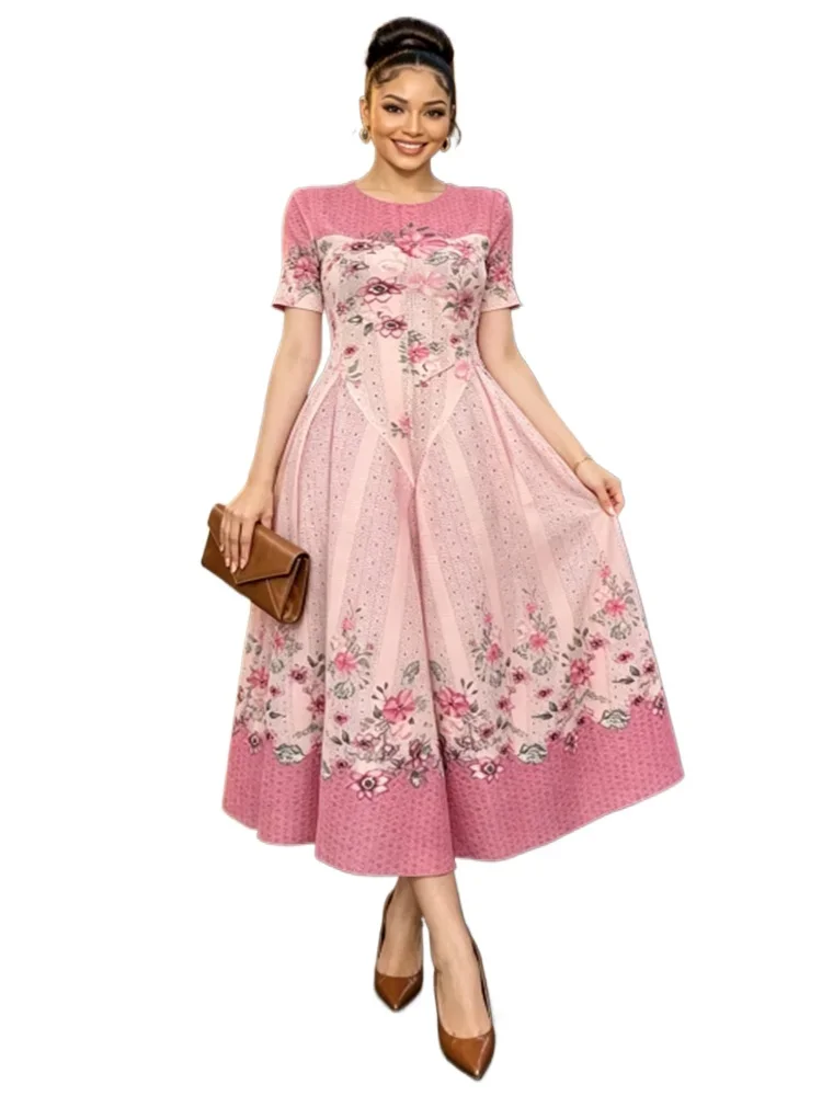 Miyake Women Pink Floral Print Midi Dress Round Neck Short Sleeve A Line Flowy Party Dresses