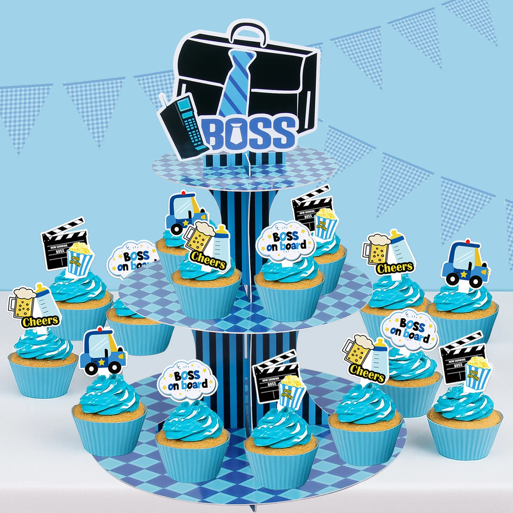 Soporte para magdalenas con tema de BOSS azul y negro (1) con adornos (16), decoración de fiesta de centro de mesa para Baby Shower de 1er y segundo cumpleaños de Boy Boss