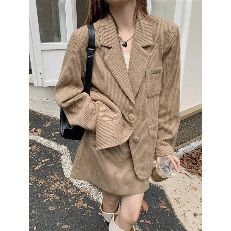 

Insozkdg Fashion Suit Women Loose Temperament Shoulder Pad Blazer Spring Autumn Suit Top Short Skirt Two-piece Set Women Clothes