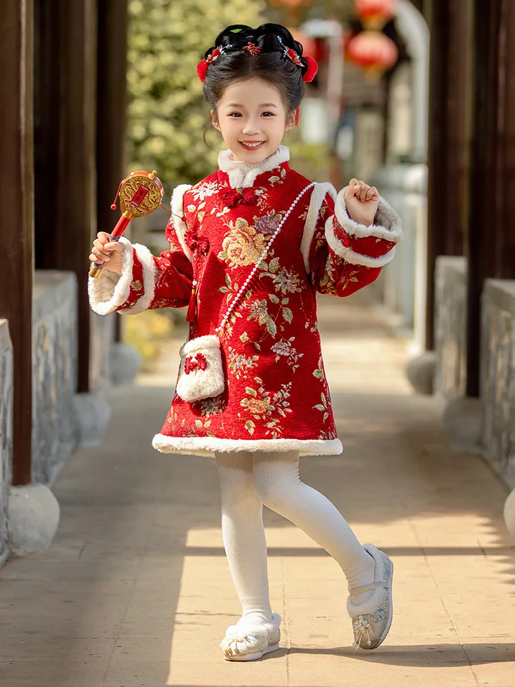Hanfu Girls\' New Year\'s Greetings, Children\'s Chinese Style Tang Winter Clothing, One Year Old Cheongsam Skirt,  New Year Baby