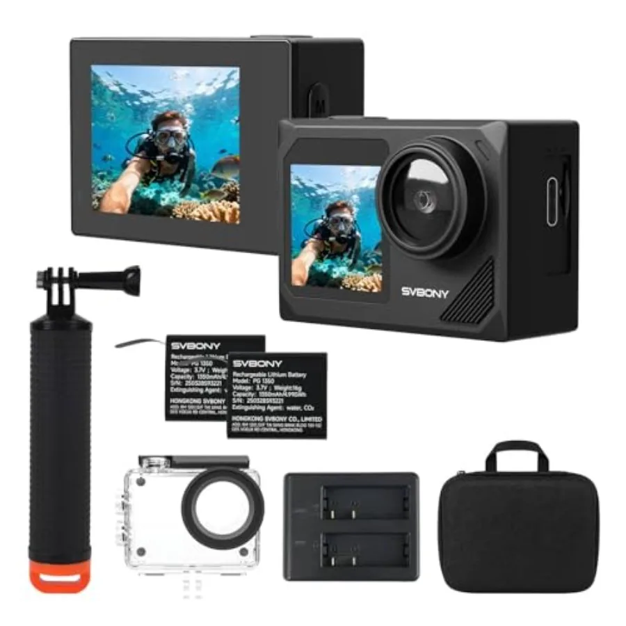 

Snorkeling action camera kit for underwater use, polycarbonate body, black color, 4K/30fps video, 98FT waterproof, EIS 2.0 stab