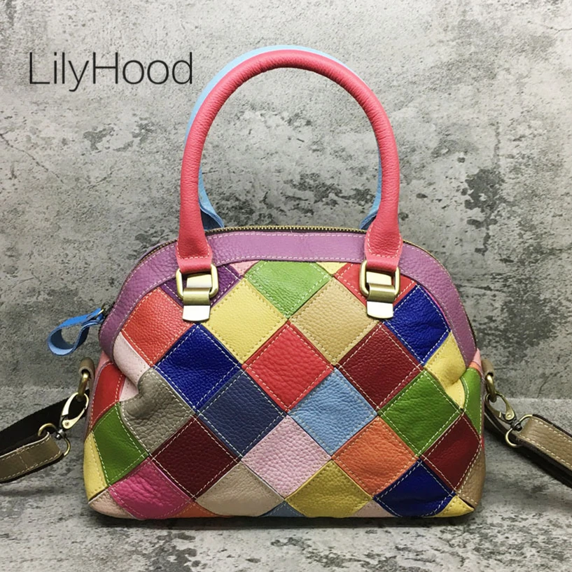 

Multicolor Genuine Leather Diamonds Patchwork Handbag Women Vintage 80s Fashion Cow Leather Shell Big Capacity Short Handle Bag