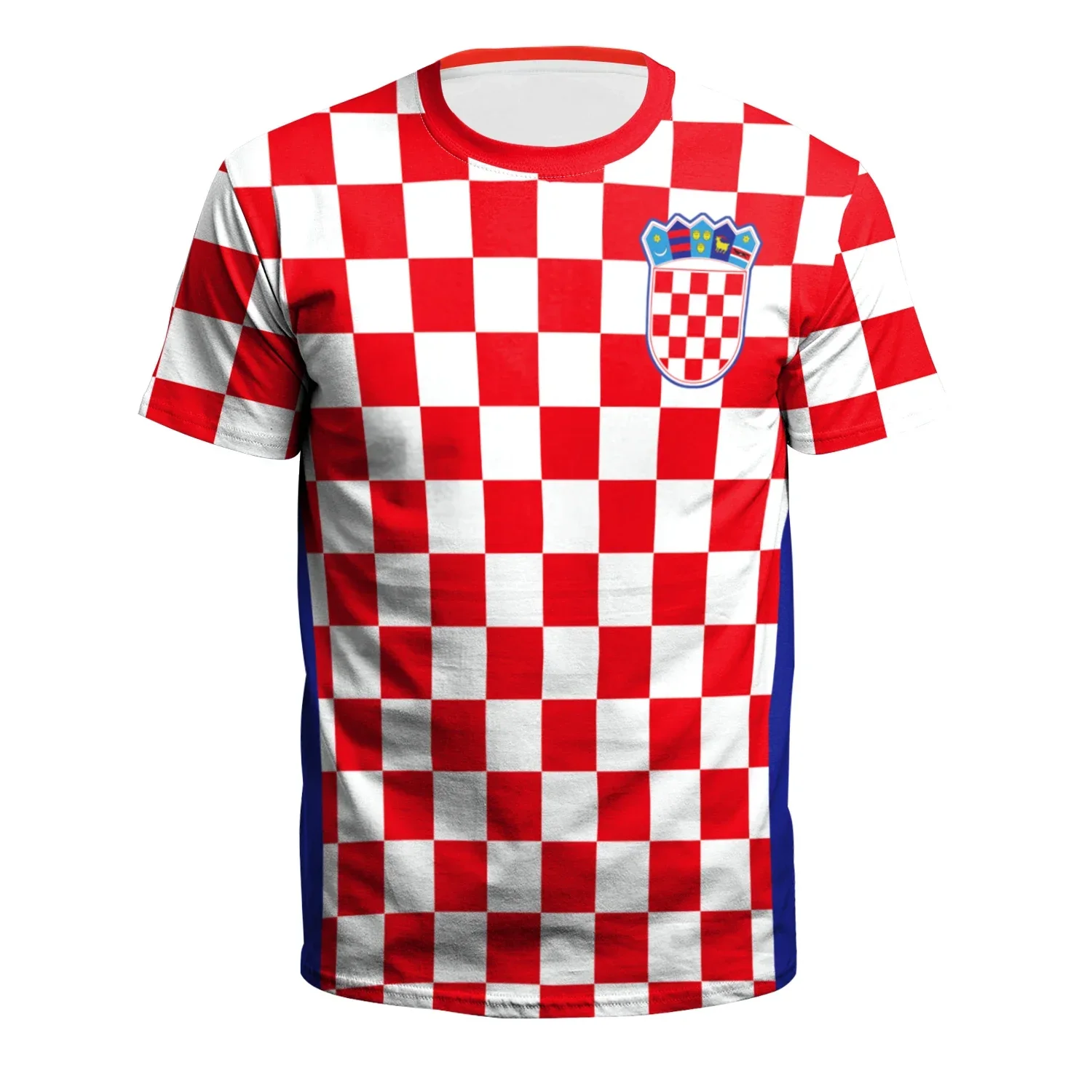 Croatian Style Checkered Football T-Shirt Quick Dry Breathable Sports Jersey Red White Plaid Casual