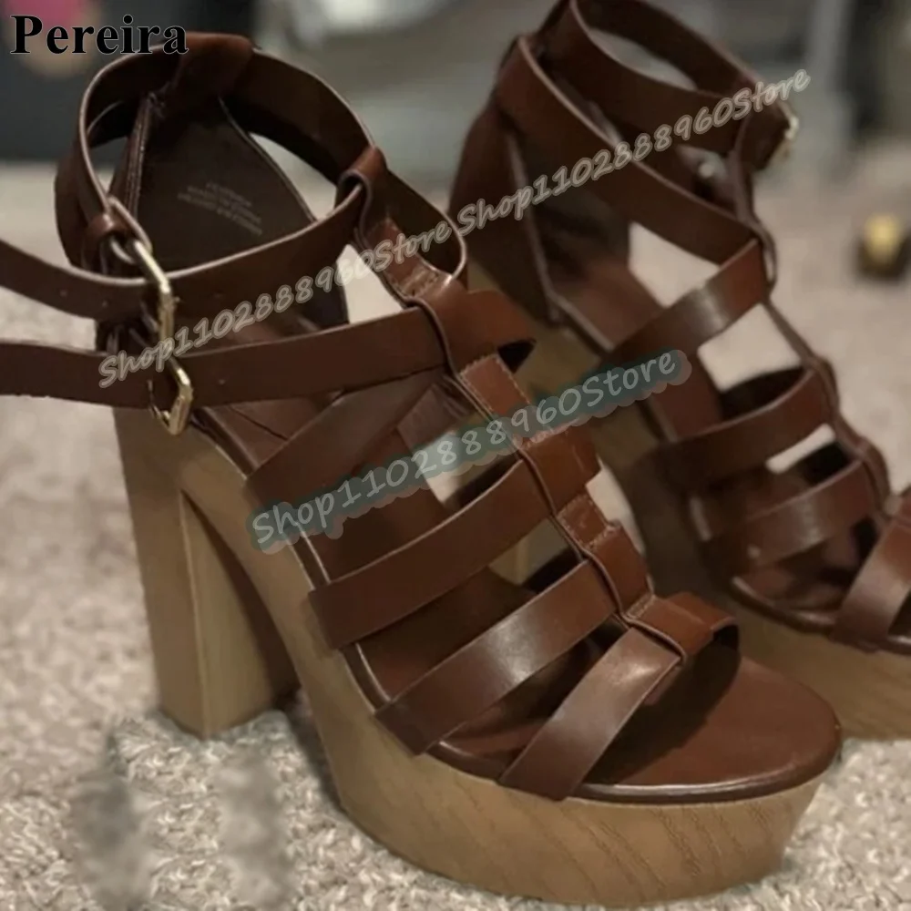 

Casual Brown Leather Strappy Platform Sandals Chunky High Heel Women Shoes Ankle Buckle Strap Open Toe 2026 Zapatos Para Mujer