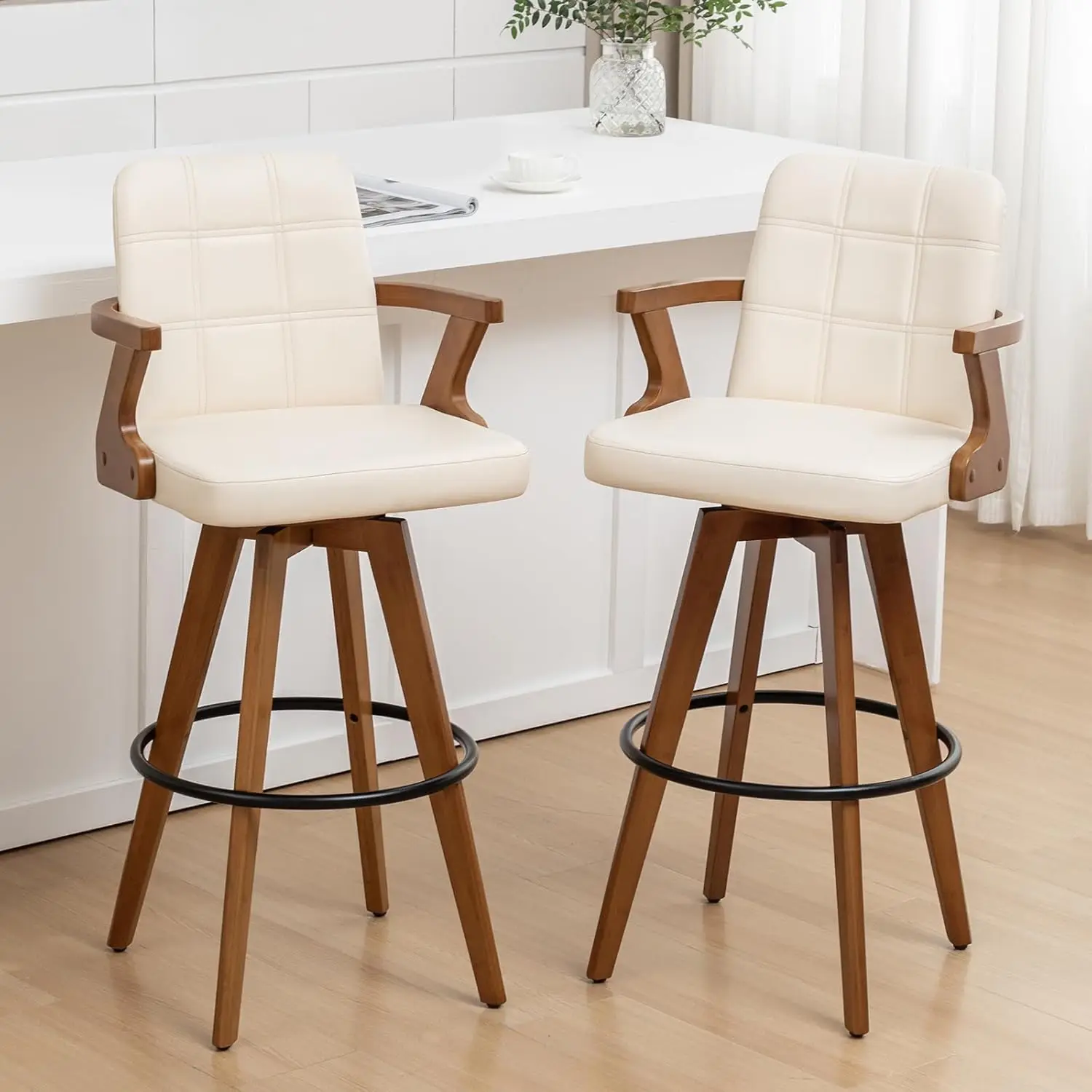 

Набор из 2 поворотных барных стульев - барные стулья в стиле Mid-Century высотой 26,7 дюйма с спинкой и подлокотниками, отделка под орех, на заказ