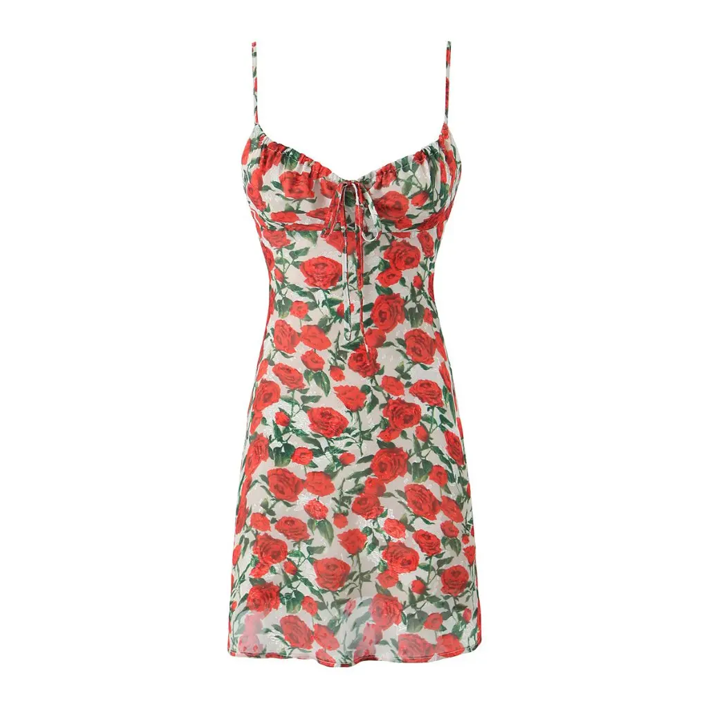 Retro Rose Women's Floral Strap Dress French Style Low-Cut Lace-Up Sexy Sheath Skirt for Spring Summer