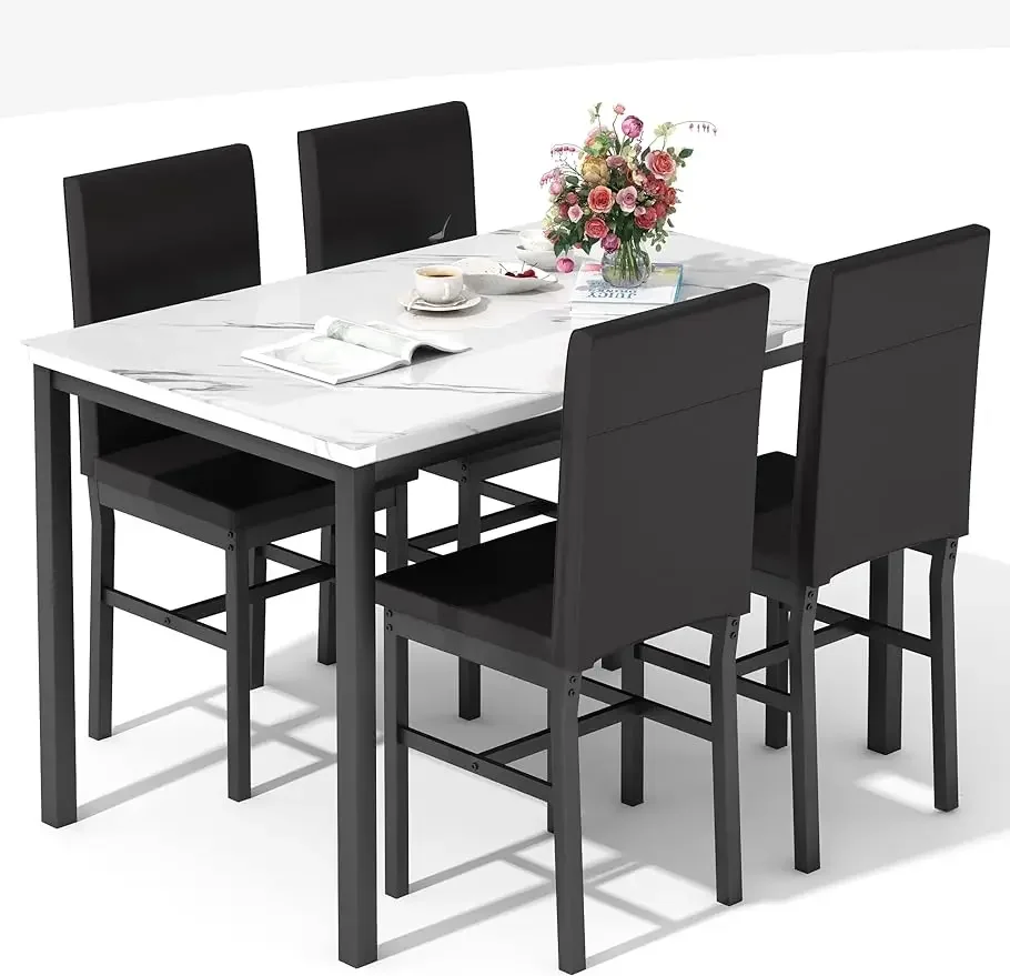 

Dining Table Set for 4, Modern Kitchen Desk and Chairs Set with 4 PU Leather Chairs, Space-Saving Dinette Dining Room Table