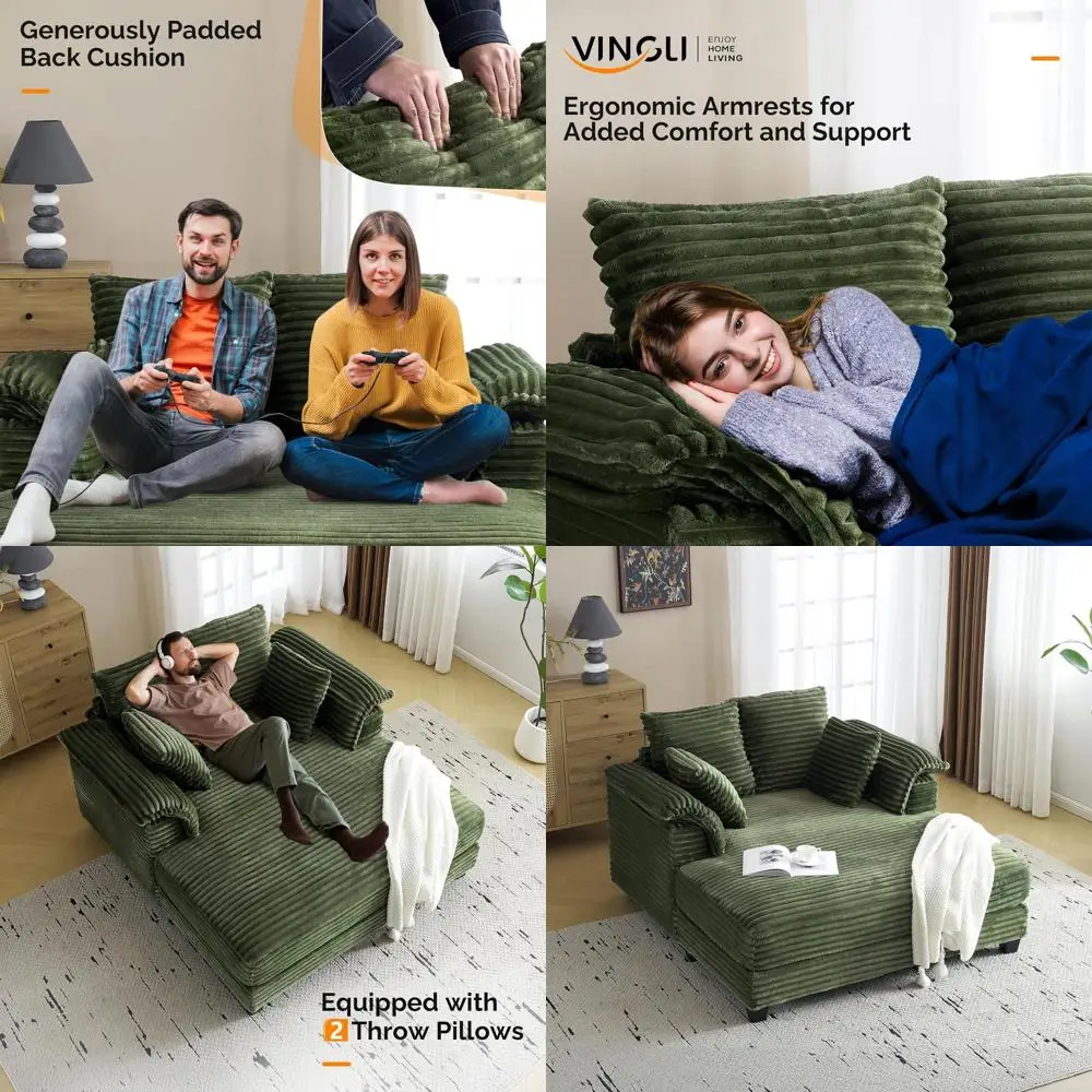 

Oversized 56 Corduroy Chaise Lounge Chair with Recliner, Sleeper, and Throw Pillows for Living, Movie, or Bedroom Use