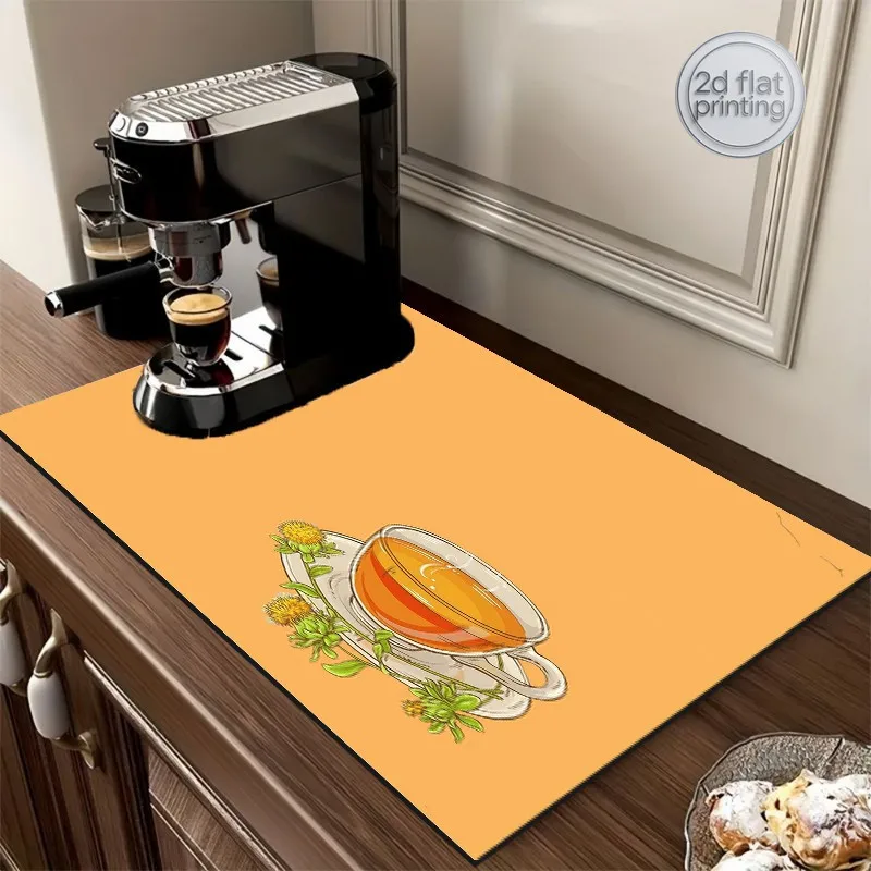 1pc Tea Cup Pattern Drying Mat for Kitchen Countertop, Coffee Machine Absorbent Pad, Polyester Drainage Mat for Bathroom Vanity