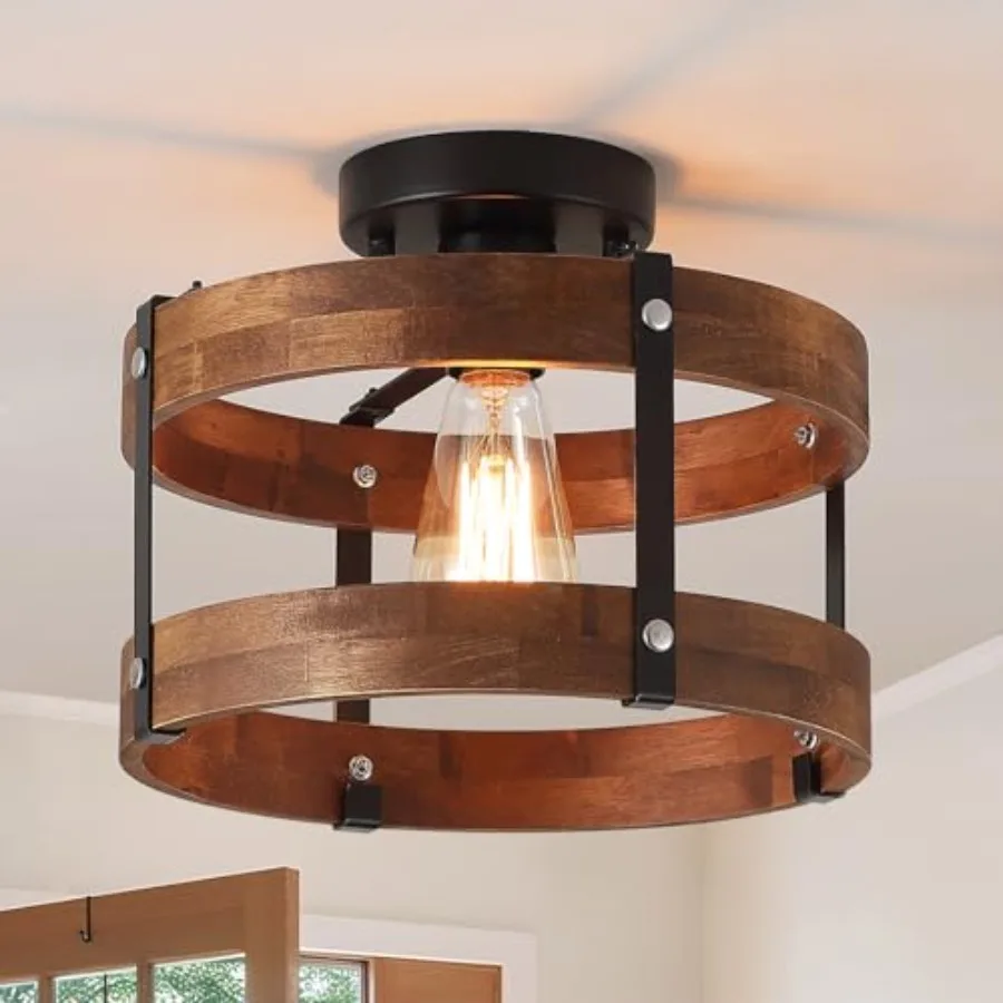 

Rustic Farmhouse Wood Flush Mount Ceiling Fixture Oak Wood and Metal Round Drum Semi Flush Mount Ceiling for Kitchen Hallway En