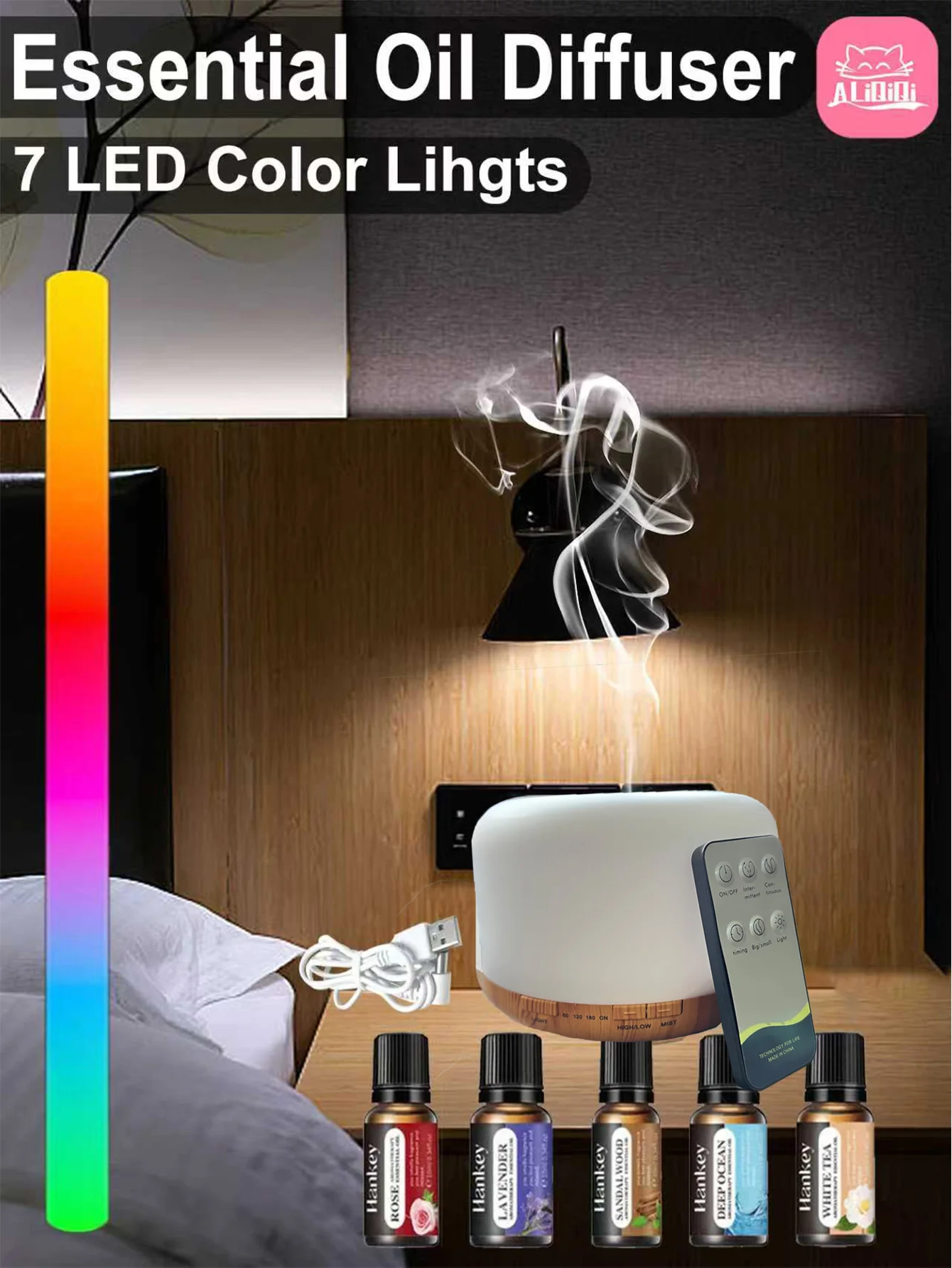 

Диффузор эфирного масла, 7 цветов светодиодный ночной ночи, увлажнитель для ароматерапии на 500 мл для расслабляющей атмосферы в спальне для домашнего офиса