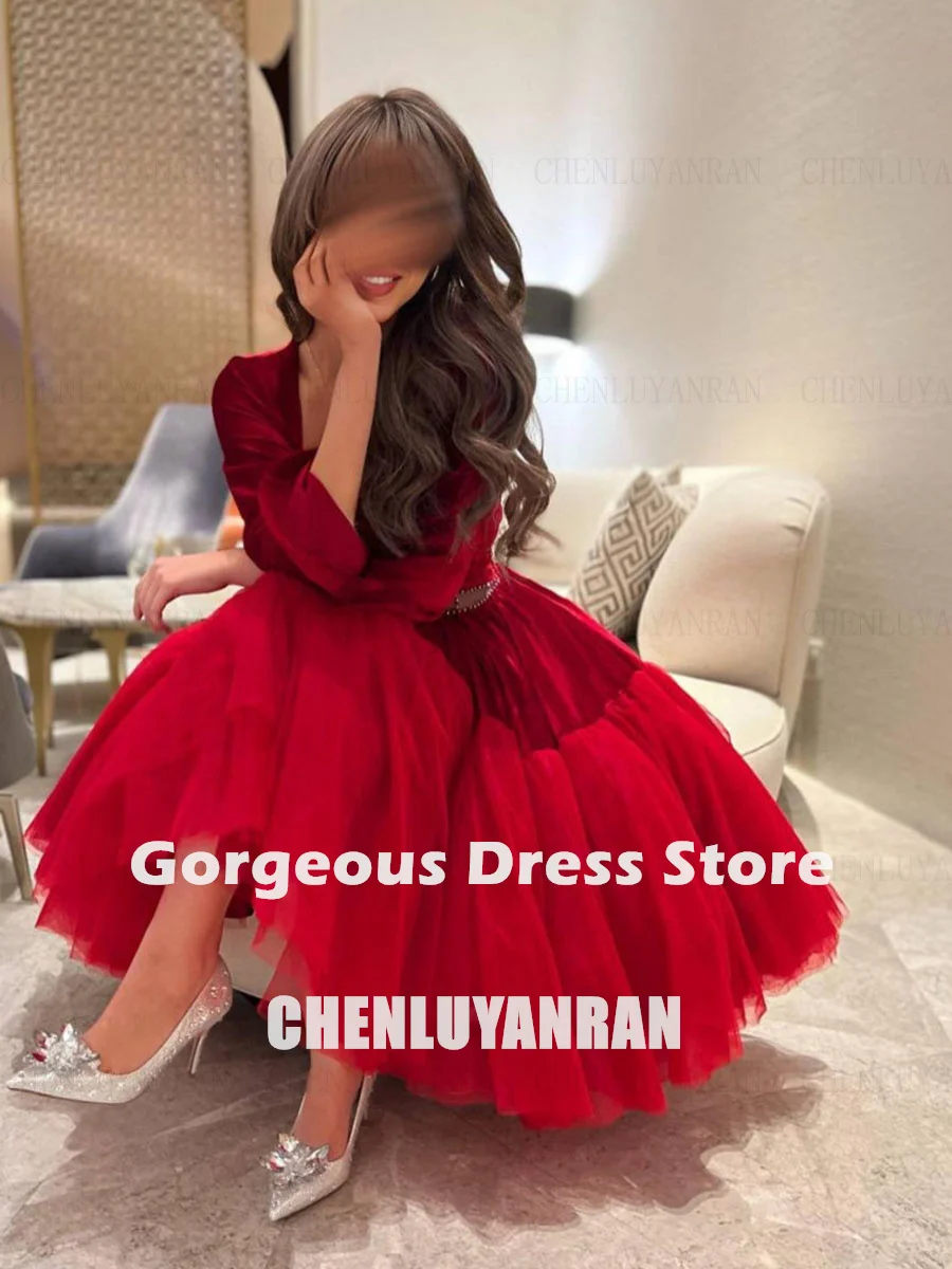 Czerwone welurowe sukienki na formalne okazje 2025 V-Neck Tea-Length Party Dress Beading 3/4 Sleeves Simple Evening Gowns فساتين السهرة
