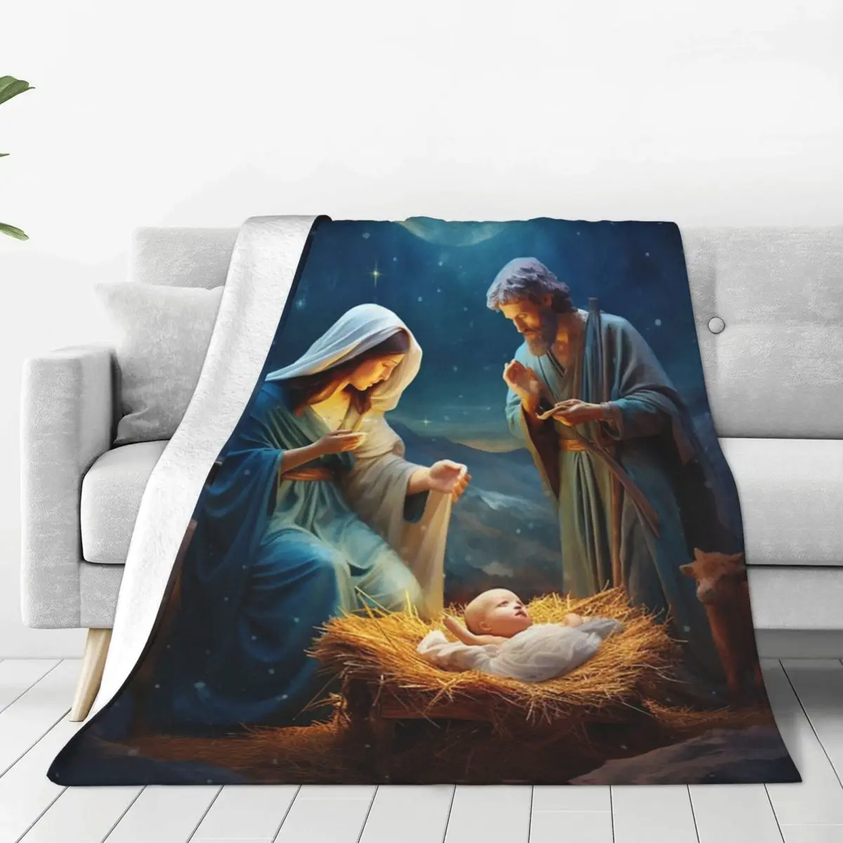 Jesus Manger Christmas Starry Night Blanket Flannel Throw Blanket Bedspread for Bed Living room Picnic Travel Home Sofa