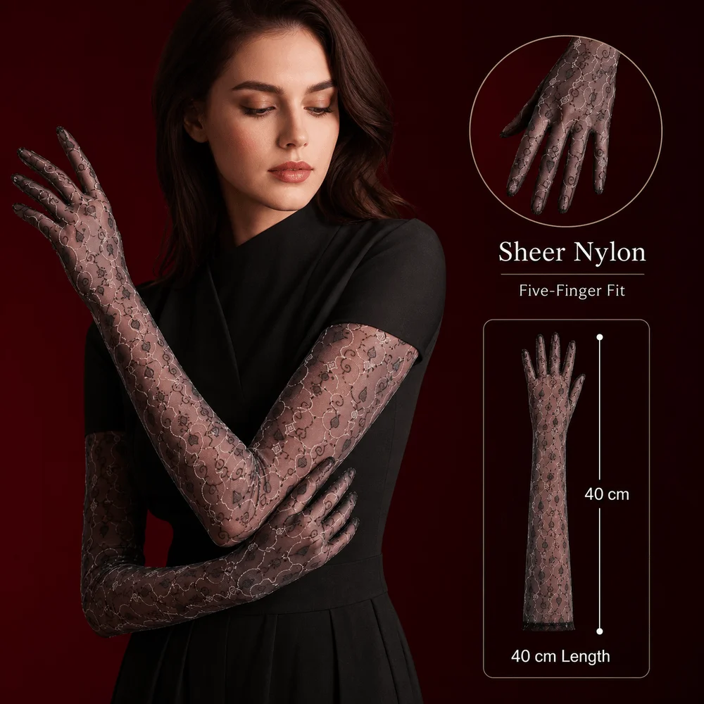 Floral Five-Finger Glove Sexy Oil Shiny Ultra Thin Stocking Glove Silky Smooth Elastic Jacquard Glove Dance Performance