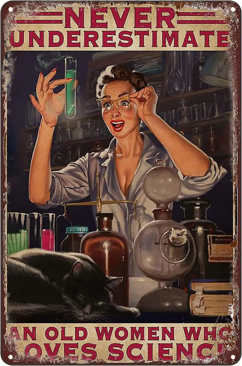 Vintage Metal Tin Sign Plaque Never Underestimate an Old Women Loves Science Wall Decor Poster for Home Hotel Cafes Sign Gi sign