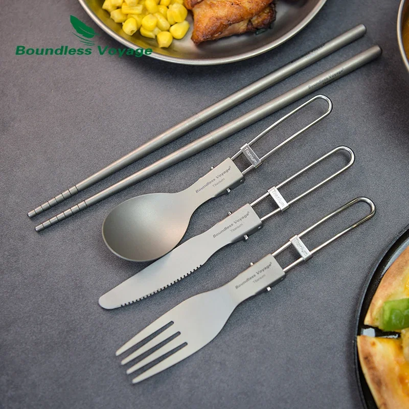 Boundless Voyage Titanium Knife Fork Spoon Chopsticks Set Utility Cutlery Portable Folding Tableware for Home Travel Picnic Use