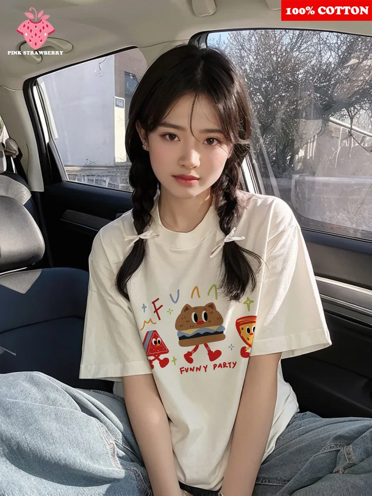 

Cartoon Cute Print T-shirt Women Summer 2025 New 100% Cotton Short sleeves Korean style Tee Loose Casual Y2k Top kawaii clothes