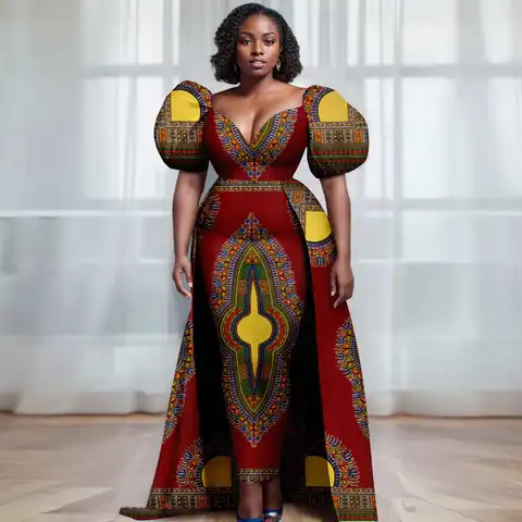 Afripride Damklänning Ankara Sexig V-ringad Bubbelärm Klänningar med Flerfärgad Ryggnedfällning 2425115 8 best sales kvinnor Ankara modeklänning - №5