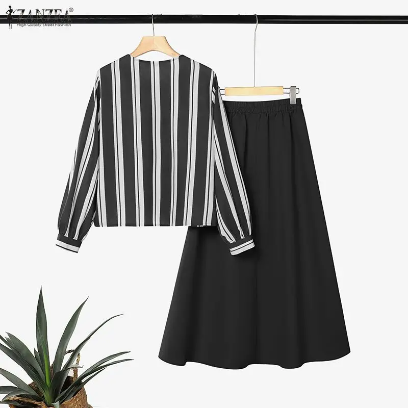 Women's Modest 2 Piece Matching Sets Striped O-Neck Shirt & A-Line Maxi Skirt Suits ZANZEA Muslim Islamic Hijabis Casual Outfits