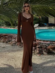 Mozision Sexy Long Sleeve U-shaped Collar Bodycon Maxi Dress For Women Slim Fit Elegant Fashion Holiday Party Dress Autumn