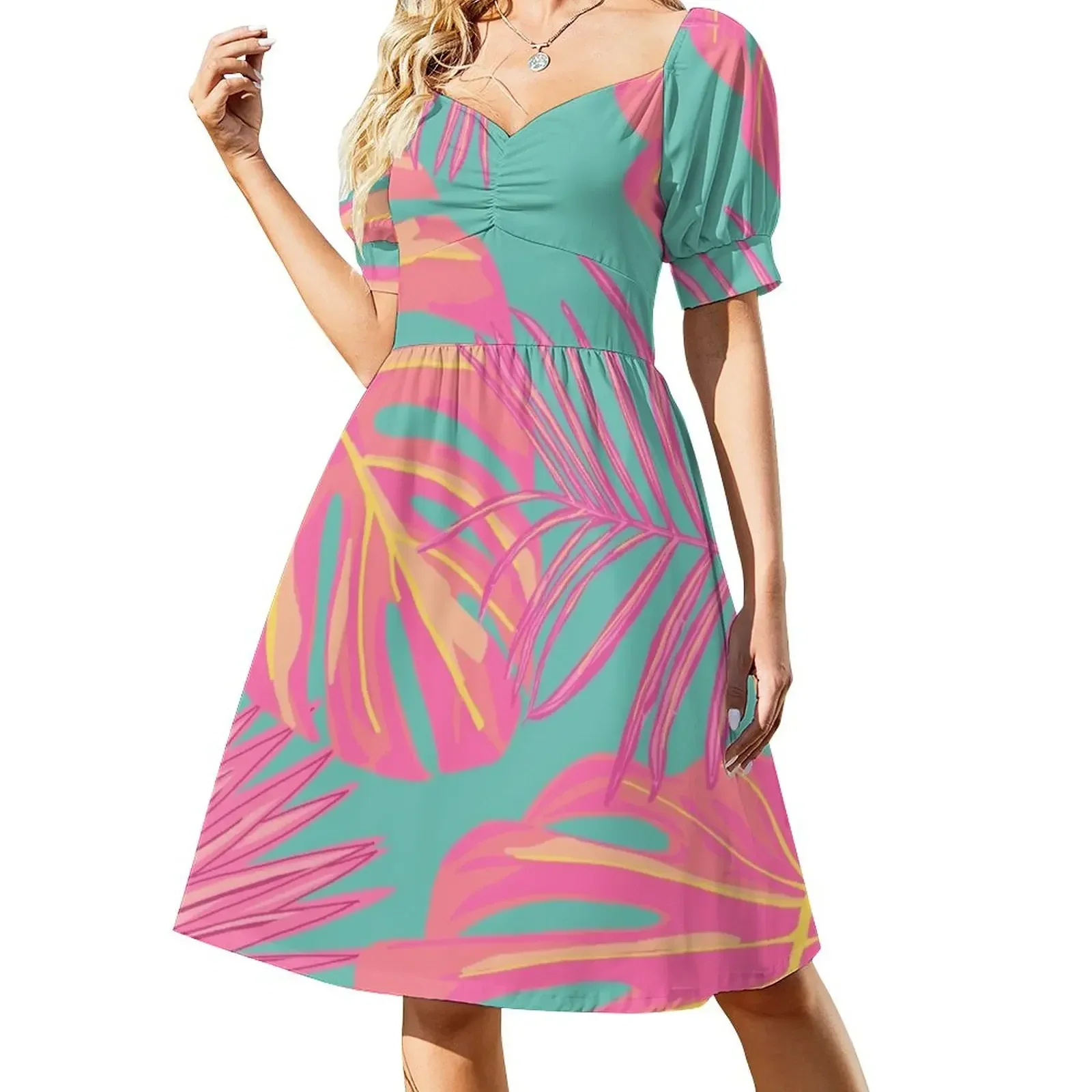 Tropical Leaves in Pink and Turquoise Sleeveless Dress elegant women's dresses sale Women's dress Dress