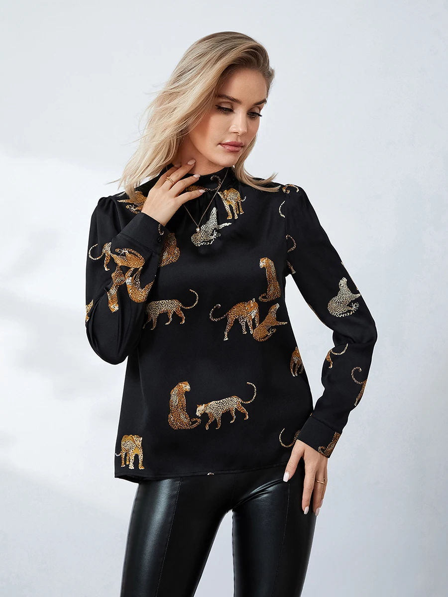 Camiseta informal de manga larga para mujer, jersey con estampado de leopardo, cuello simulado, primavera y otoño