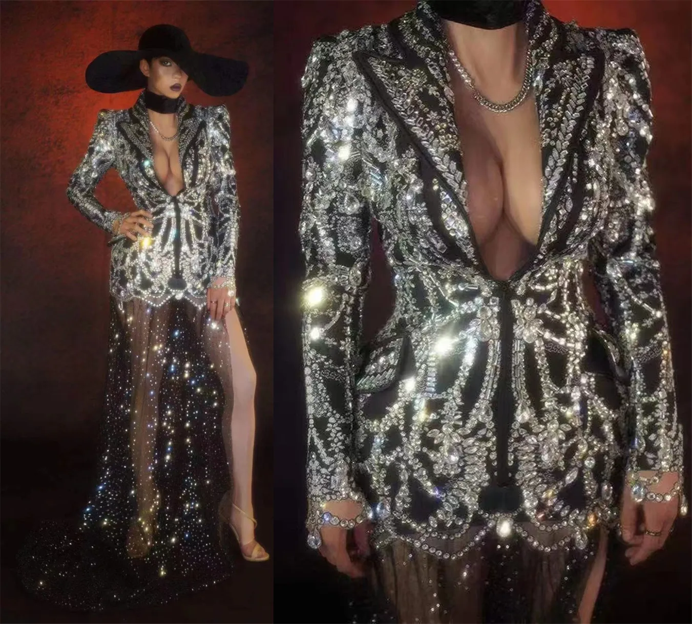 Women's Sparkly Rhinestone Blazer Dress Mesh Trailing Dance Bar Show Outfit Birthday Celebration Club Prom Drag Queen Costume